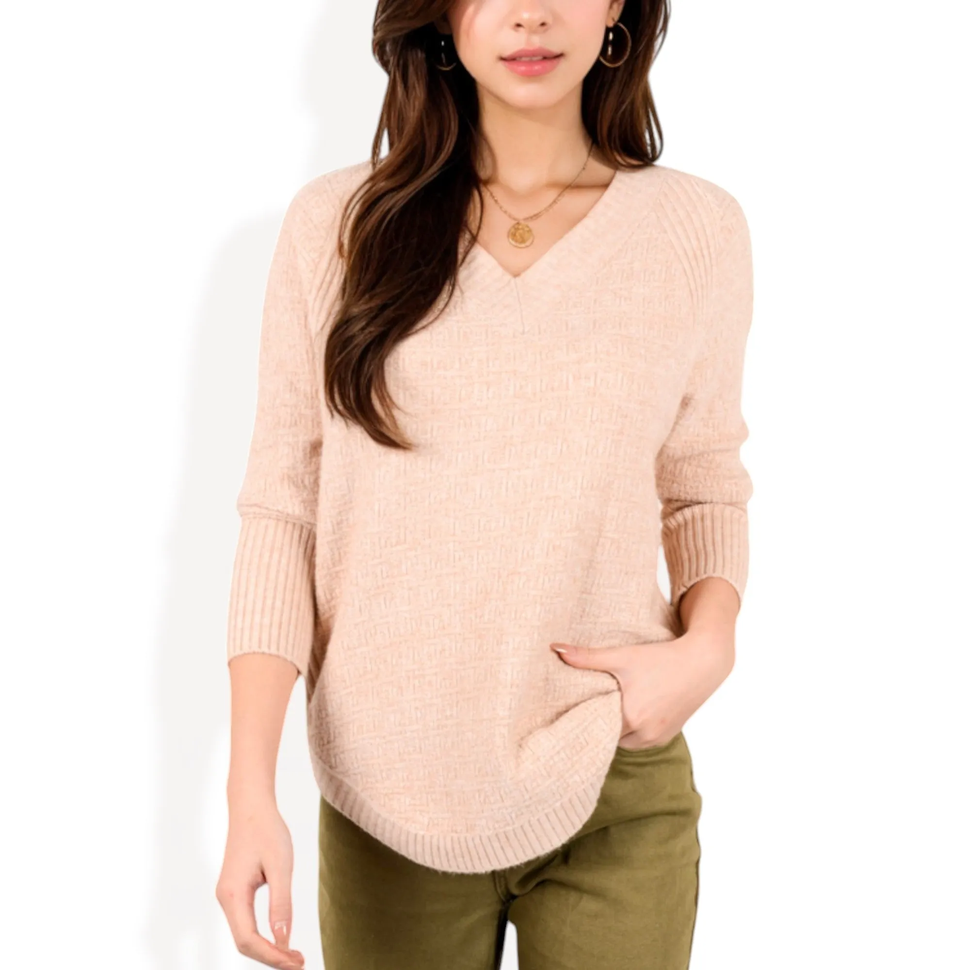 Anna-Kaci Women's Textured Knit Sweater with V-Neckline and Ribbed Sleeves