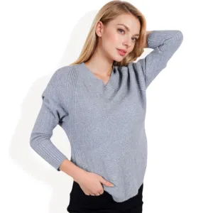 Anna-Kaci Women's Textured Knit Sweater with V-Neckline and Ribbed Sleeves