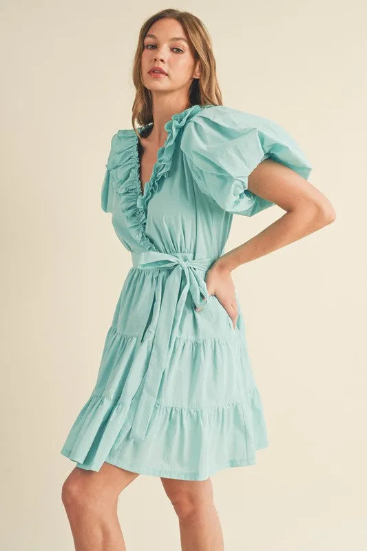 Aqua Blue Ruffled Surplice Tiered Mini Dress