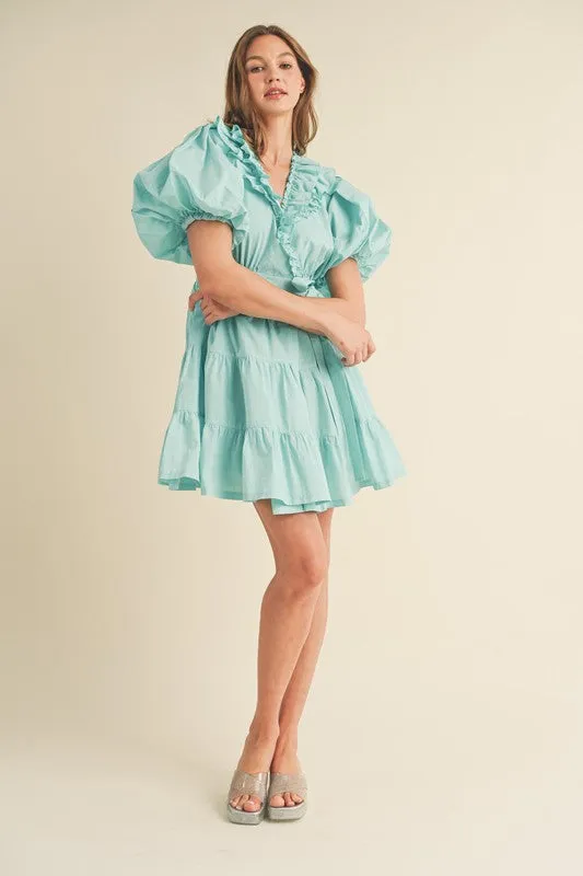 Aqua Blue Ruffled Surplice Tiered Mini Dress