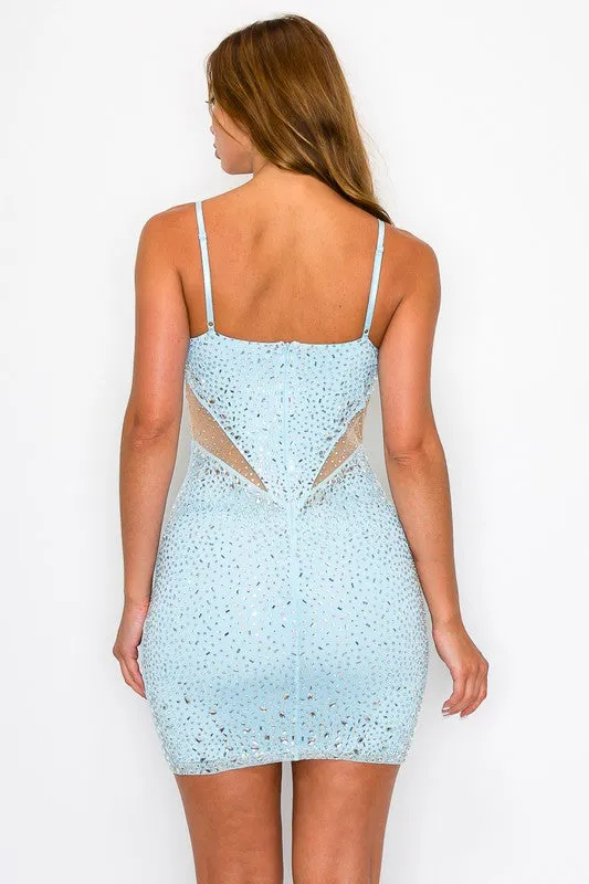 Baby Blue Rhinestone Sleeveless Bodycon Dress