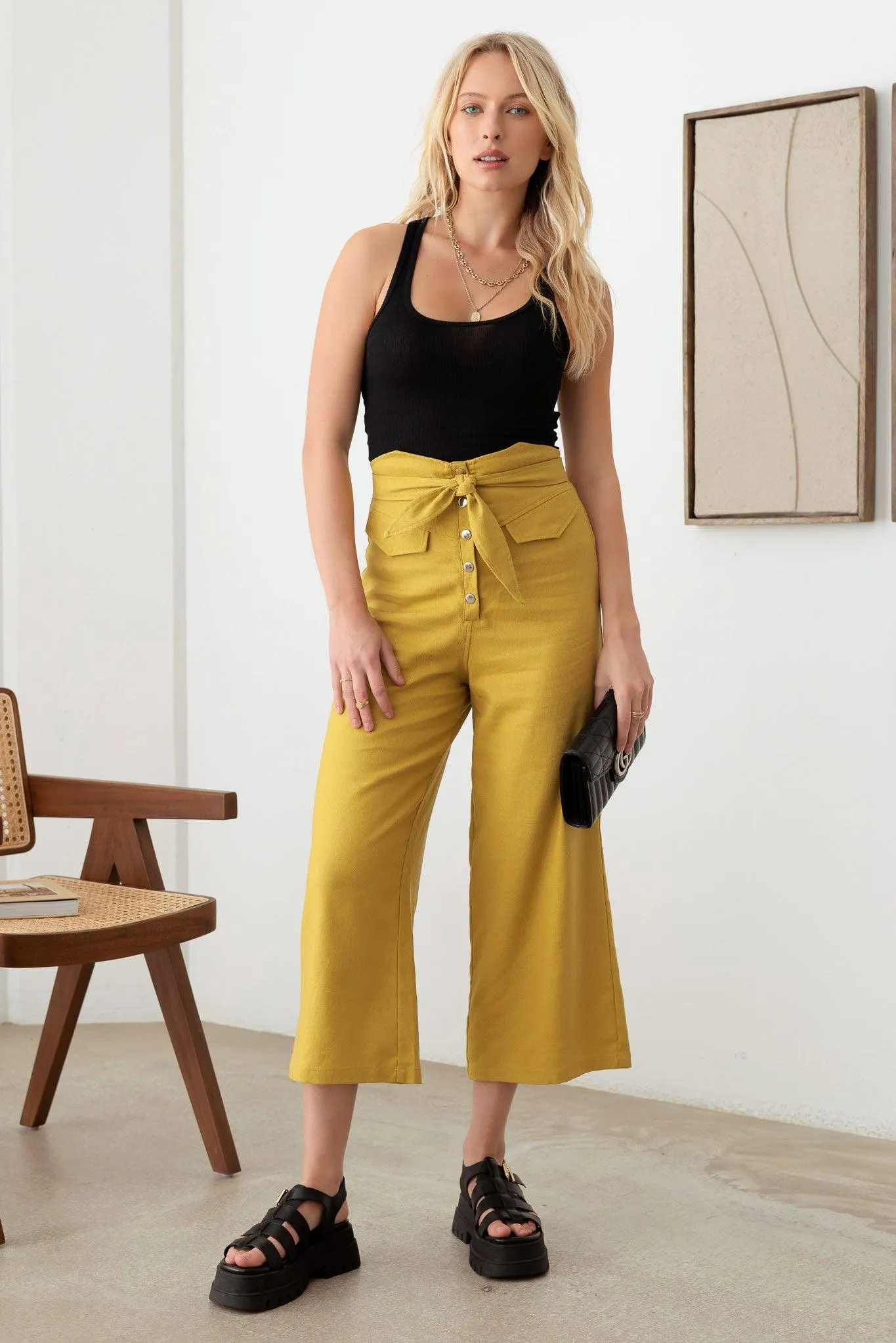 Belted Asymmetric Waistband Snap Button Pants