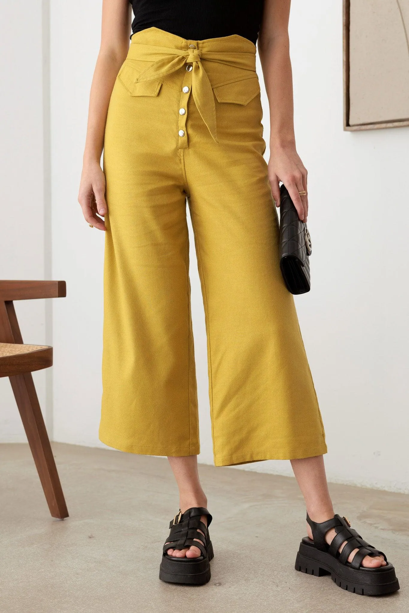 Belted Asymmetric Waistband Snap Button Pants