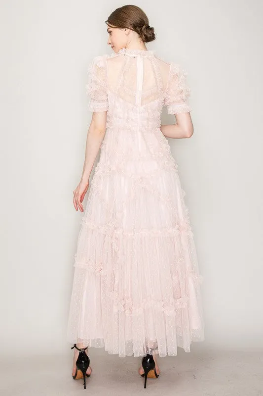 Blush Short Sleeves Dotted Tulle Ruffle Maxi Dress