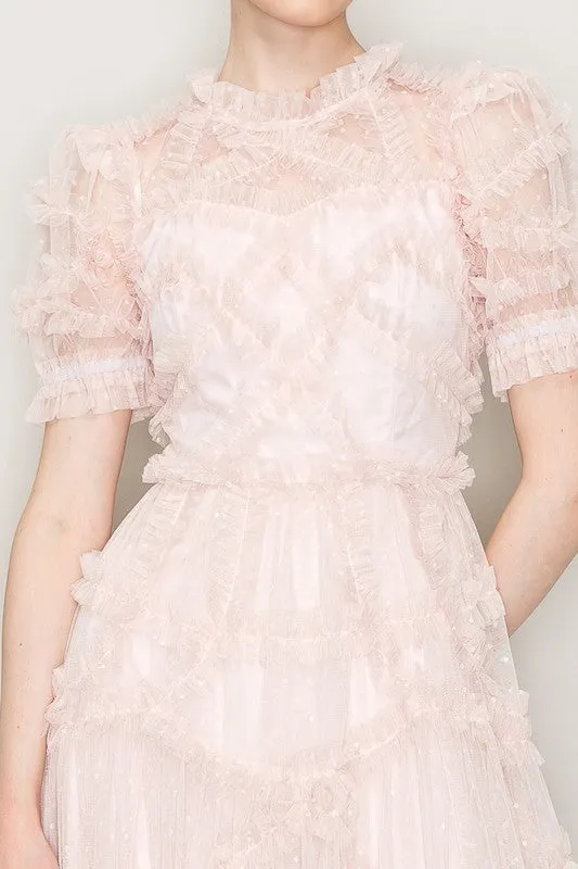 Blush Short Sleeves Dotted Tulle Ruffle Maxi Dress