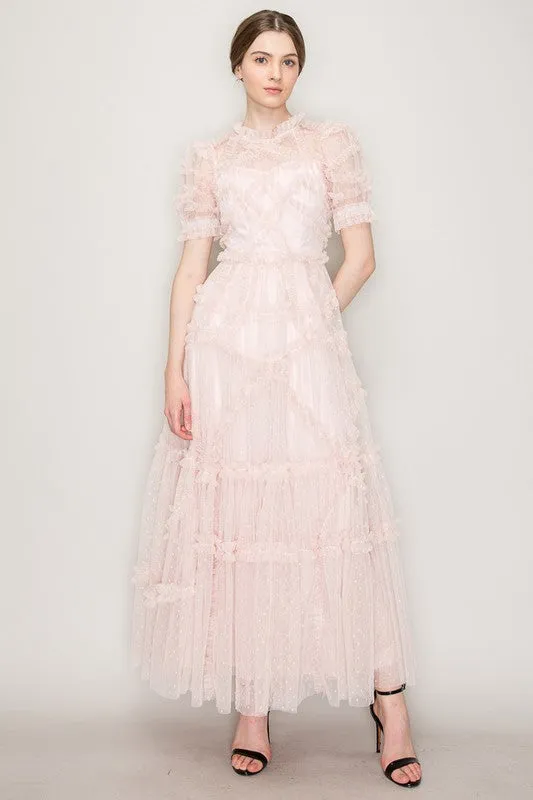 Blush Short Sleeves Dotted Tulle Ruffle Maxi Dress