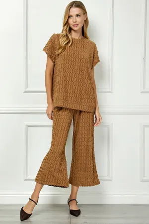 Brown Glitter Textured Short Sleeve Top & Pant Set