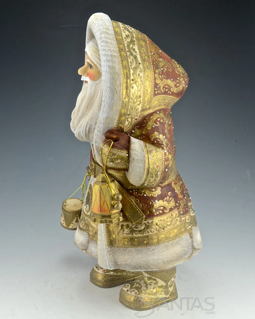 Burgundy and Gold Bundled up Russian Santa