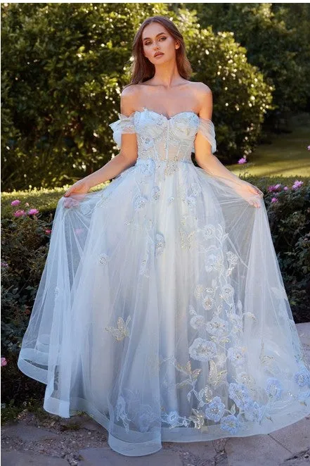 Dusty Blue Off The Shoulder Floral Applique Ball Gown