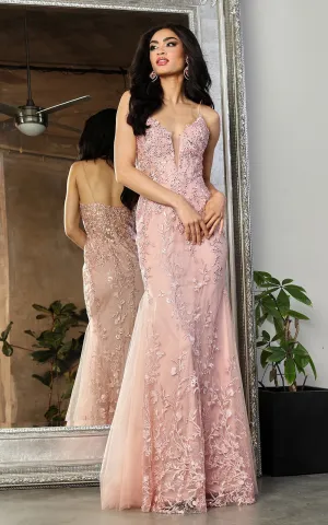 Dusty Rose Embroidered Tulle Long Evening Gown