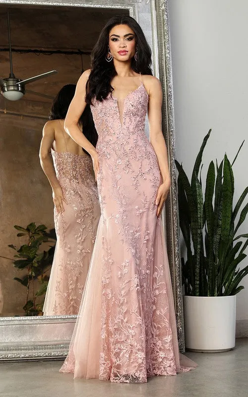 Dusty Rose Embroidered Tulle Long Evening Gown