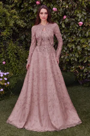 Dusty Rose Strapless Embroidered Ball Gown With Removable Jacket