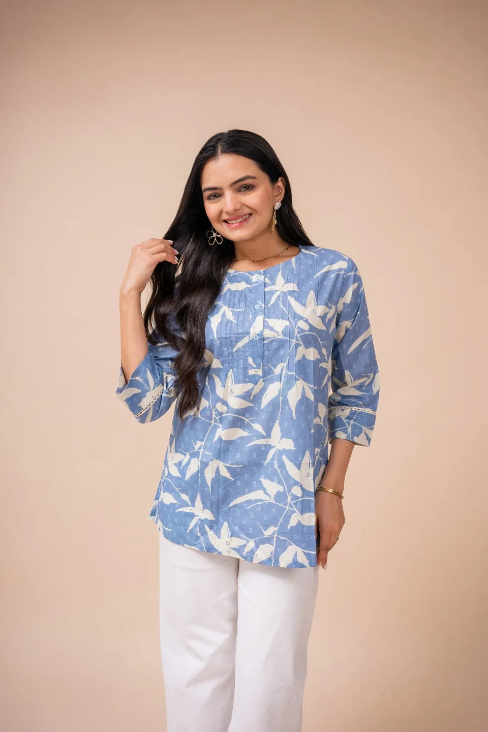 Ekisha's women blue white floral designer printed cotton tunic top short kurti