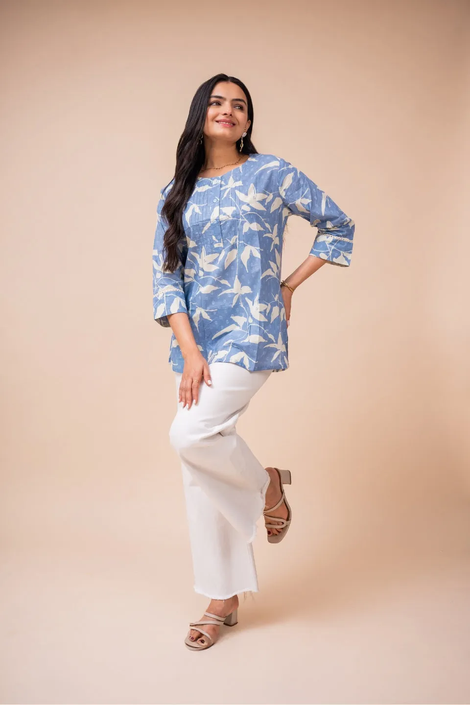 Ekisha's women blue white floral designer printed cotton tunic top short kurti