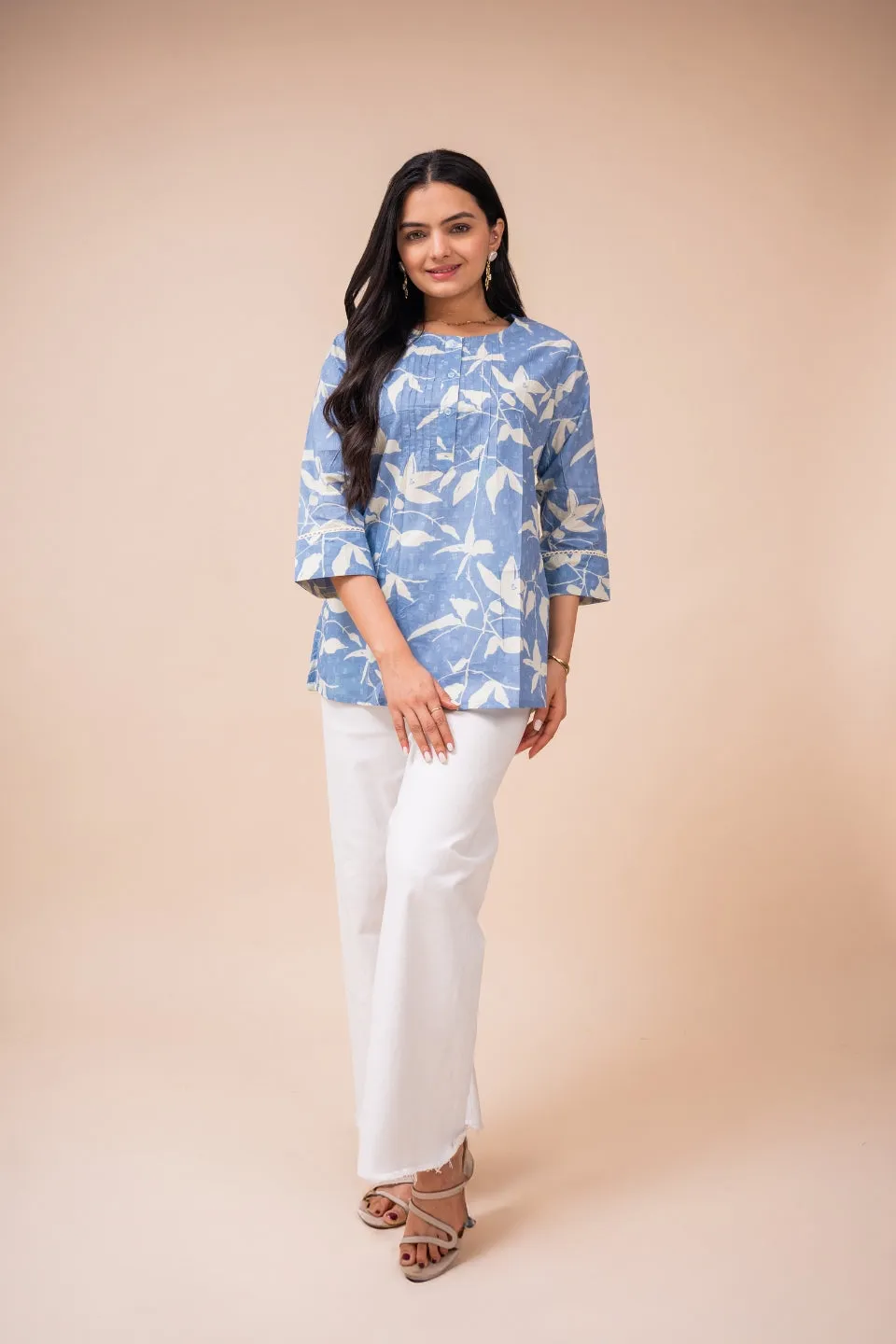 Ekisha's women blue white floral designer printed cotton tunic top short kurti