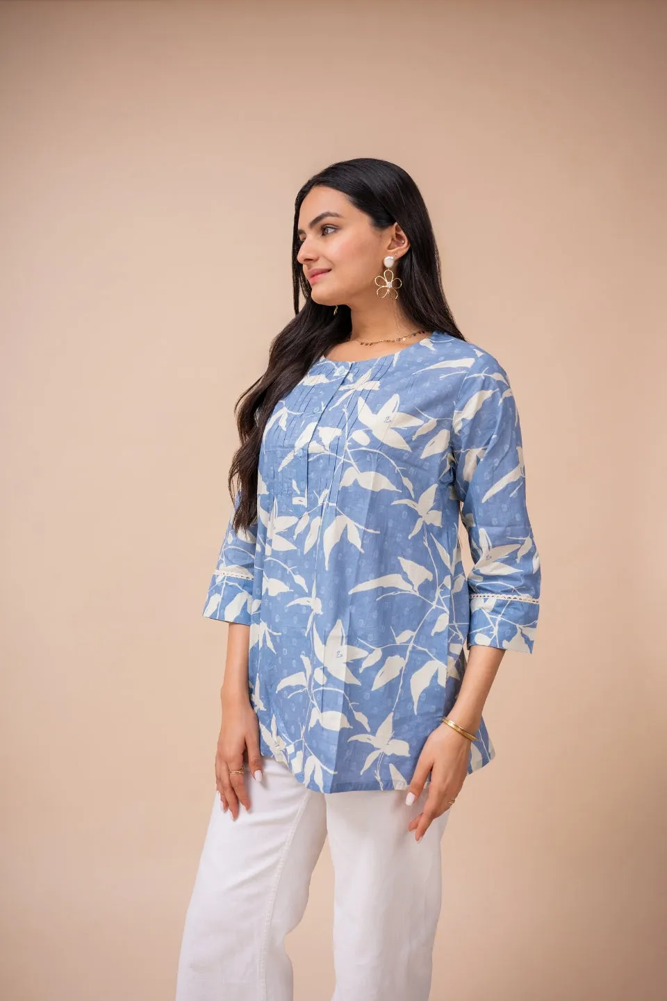 Ekisha's women blue white floral designer printed cotton tunic top short kurti