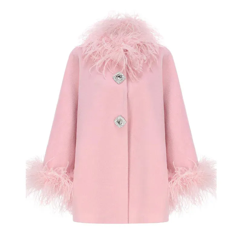 Elegant Feather Collar Cape Coats For Women Casual Solid Single Breasted Jackets Lady Autumn Chic Loose High Street Outwear Tops