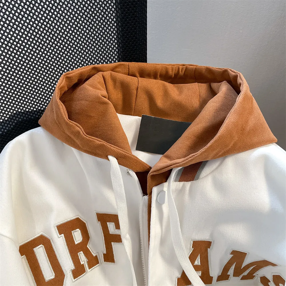 Faux Two-pieces Hooded Baseball Jacket