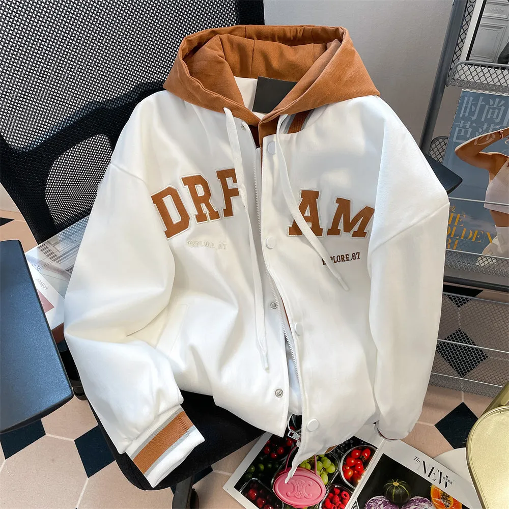 Faux Two-pieces Hooded Baseball Jacket