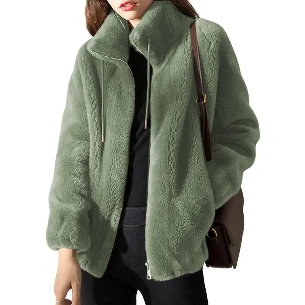 Fluffy Stand Collar Jacket for Women - Zip-Up Fuzzy Winter Coat