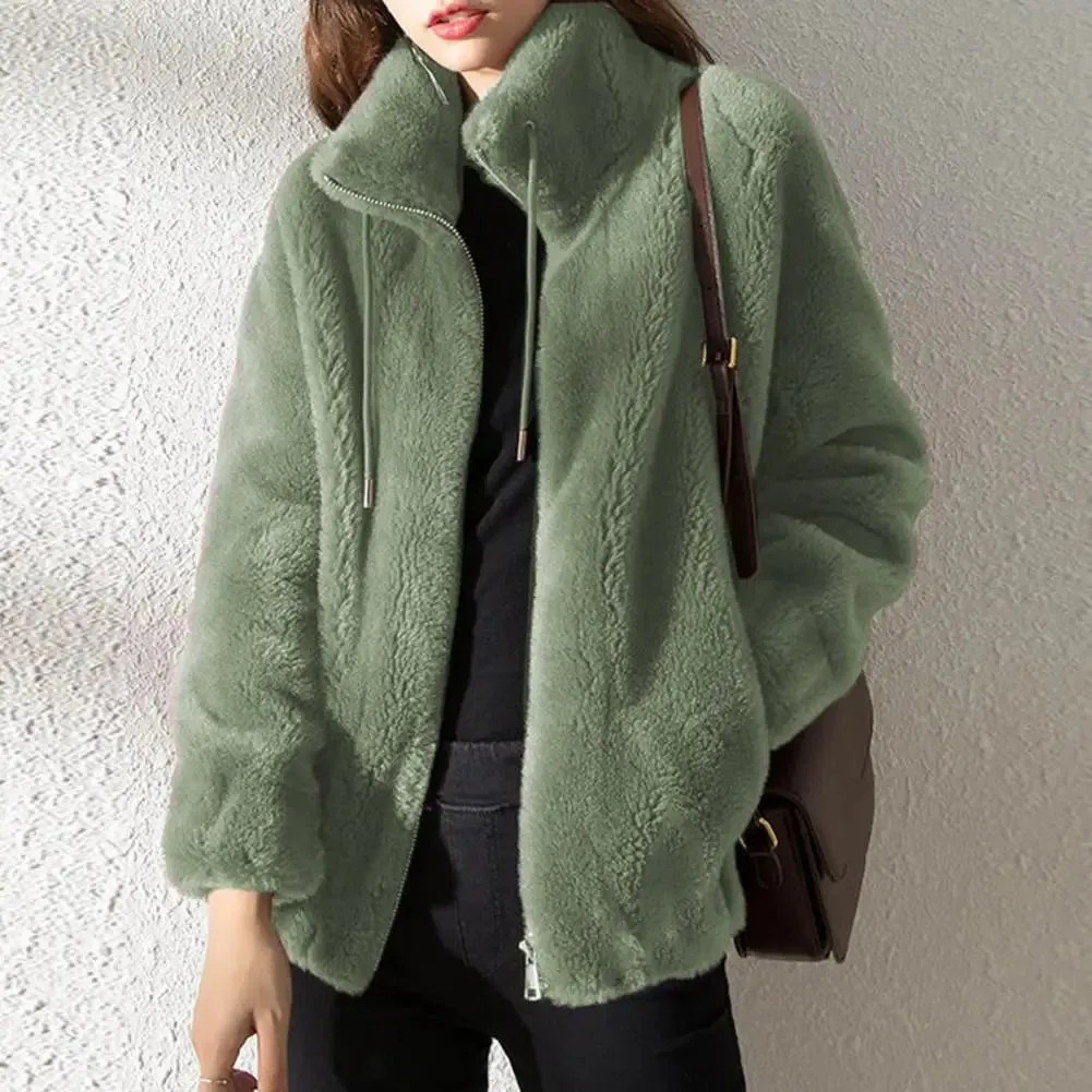 Fluffy Stand Collar Jacket for Women - Zip-Up Fuzzy Winter Coat