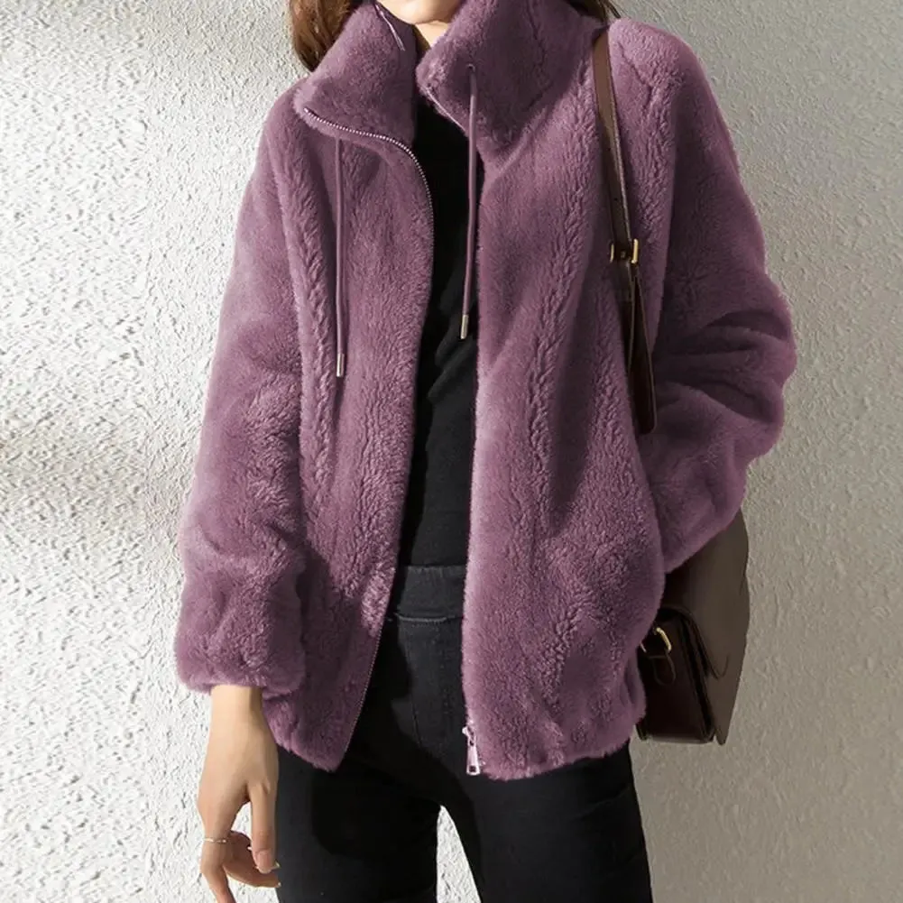 Fluffy Stand Collar Jacket for Women - Zip-Up Fuzzy Winter Coat