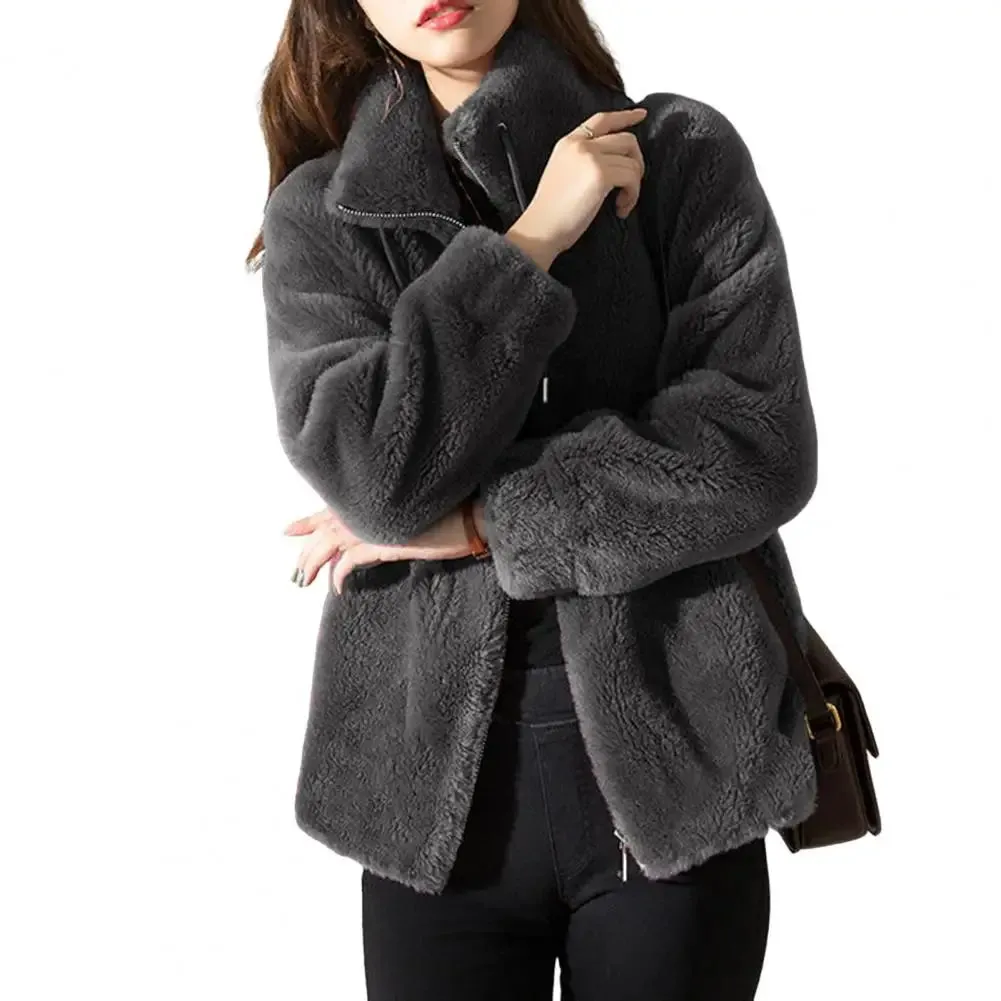 Fluffy Stand Collar Jacket for Women - Zip-Up Fuzzy Winter Coat