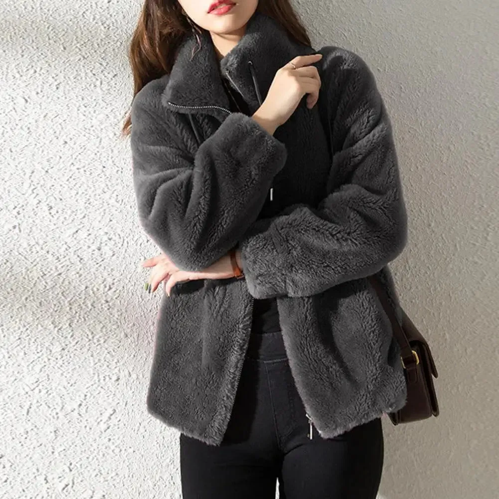 Fluffy Stand Collar Jacket for Women - Zip-Up Fuzzy Winter Coat