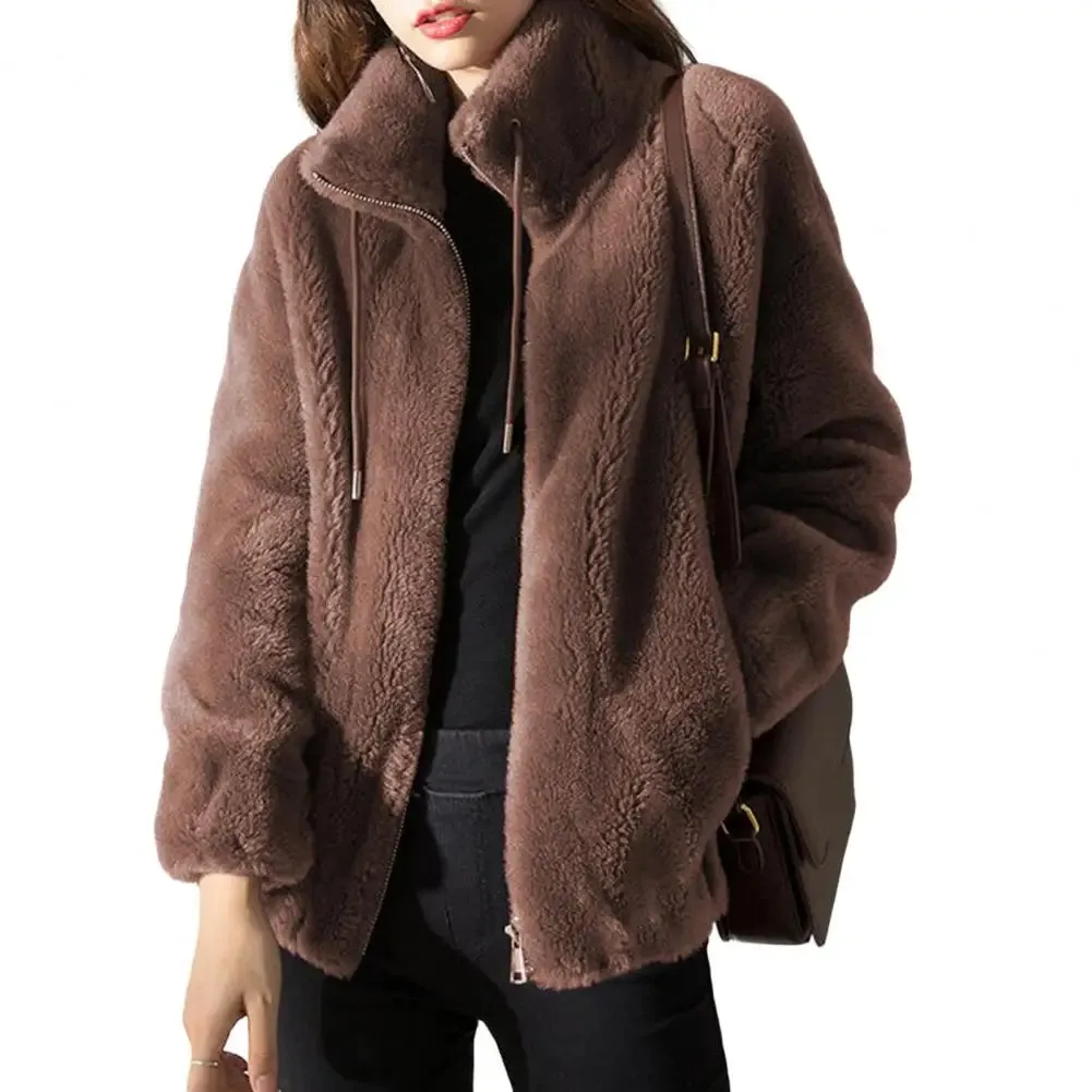 Fluffy Stand Collar Jacket for Women - Zip-Up Fuzzy Winter Coat