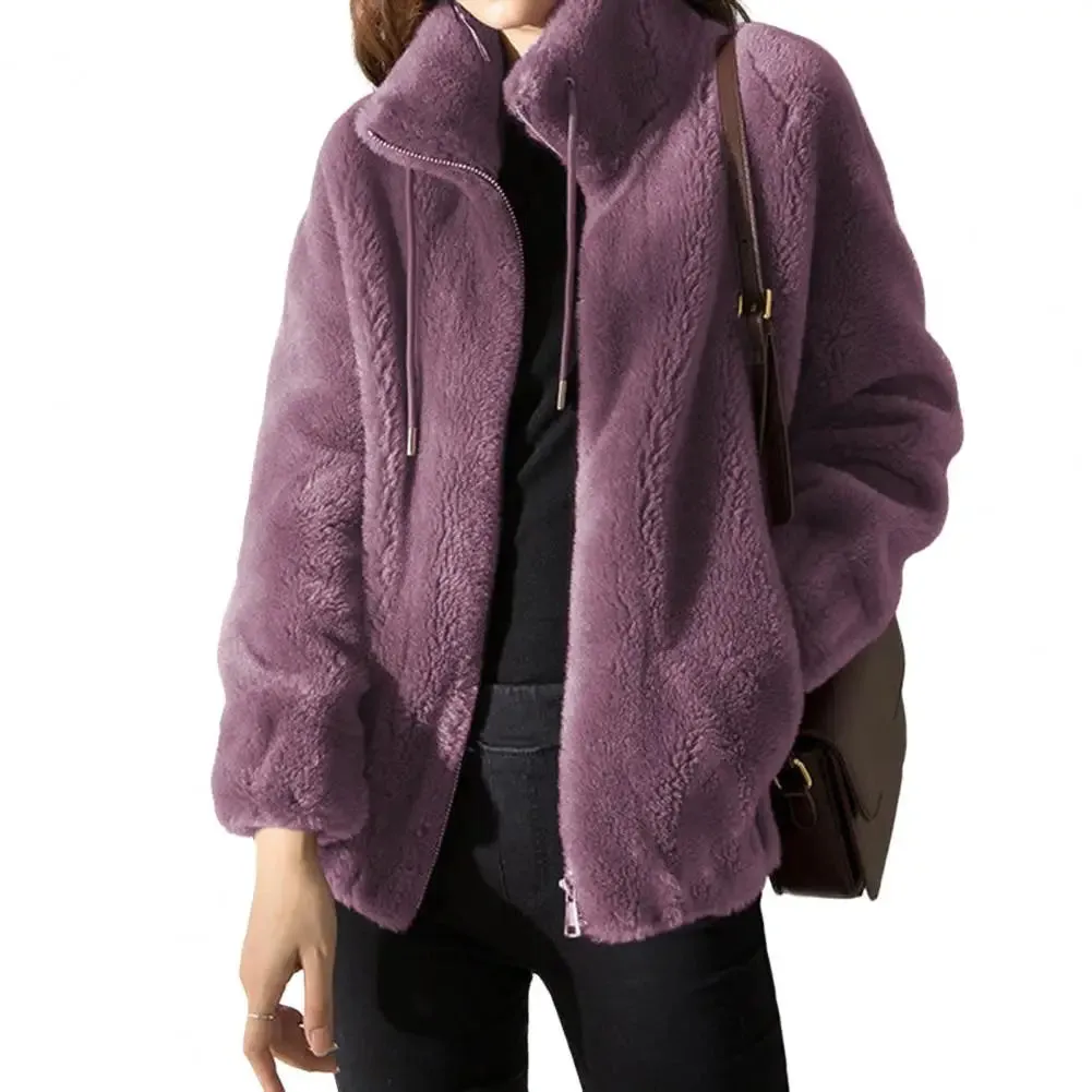 Fluffy Stand Collar Jacket for Women - Zip-Up Fuzzy Winter Coat