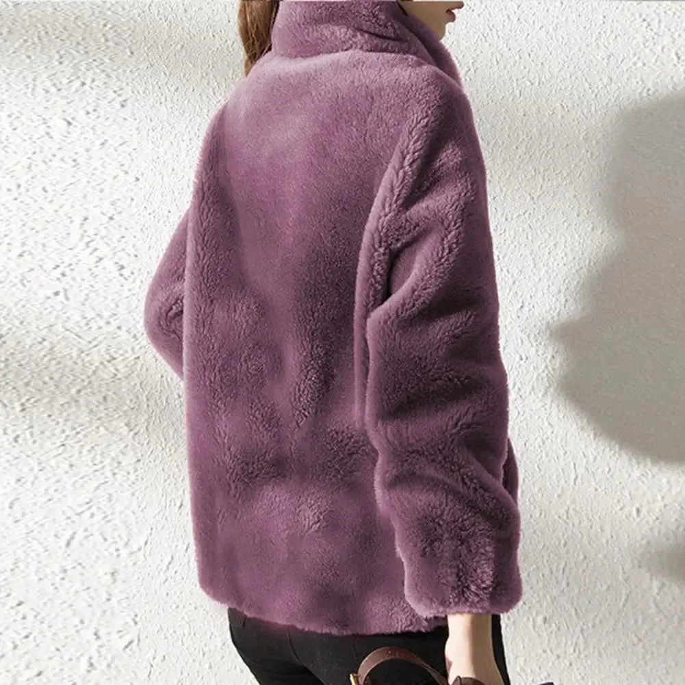 Fluffy Stand Collar Jacket for Women - Zip-Up Fuzzy Winter Coat