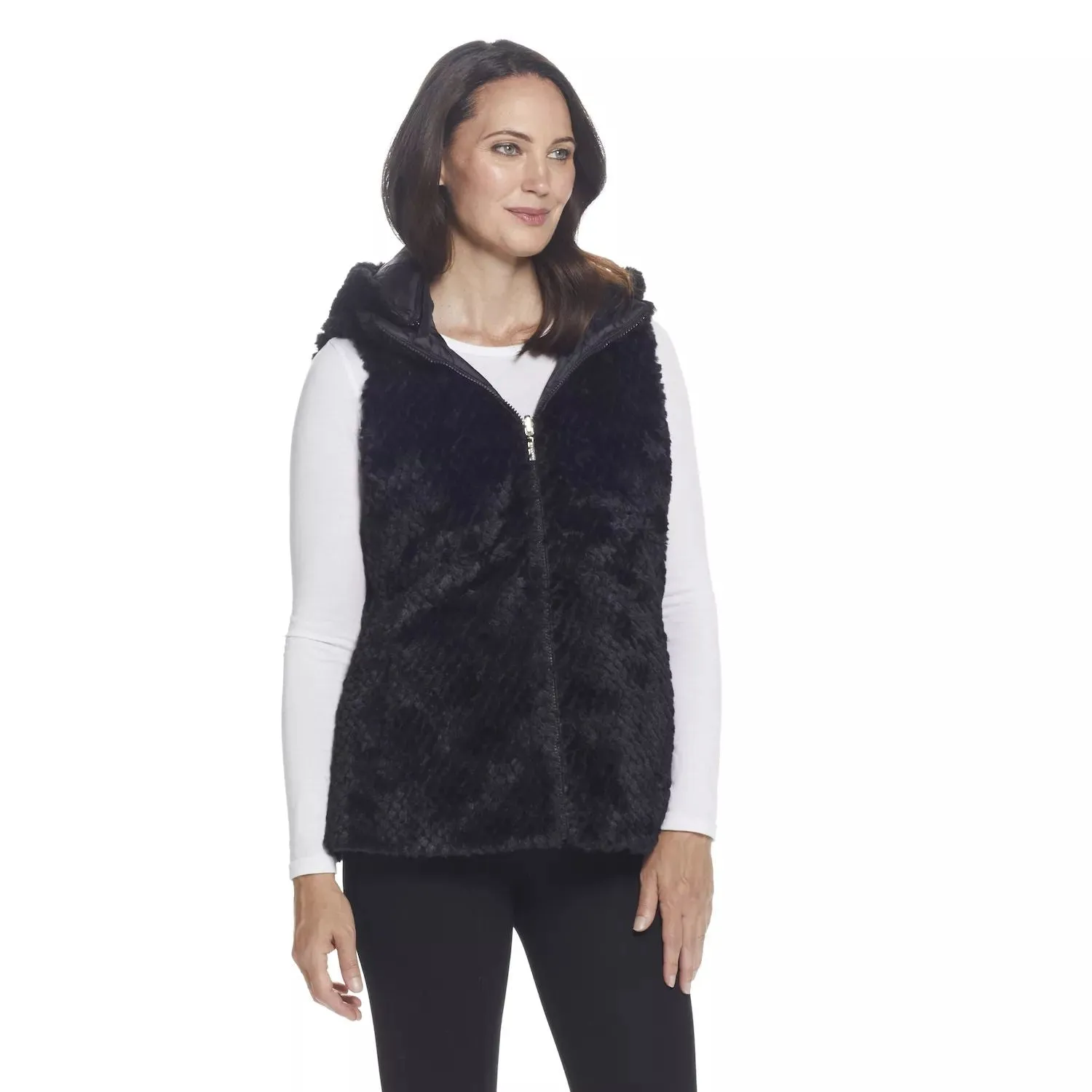 Gallery Women's Reversible Faux Fur Hooded Vest, Black