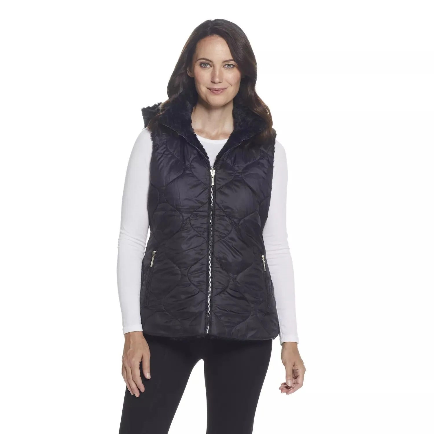 Gallery Women's Reversible Faux Fur Hooded Vest, Black