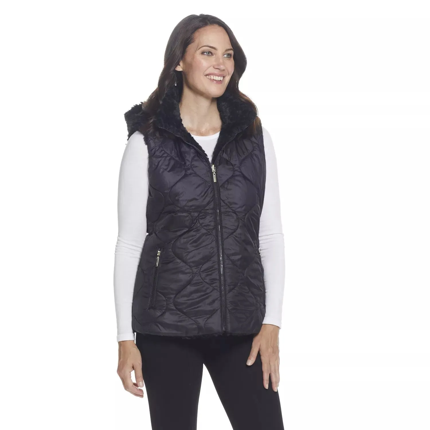 Gallery Women's Reversible Faux Fur Hooded Vest, Black