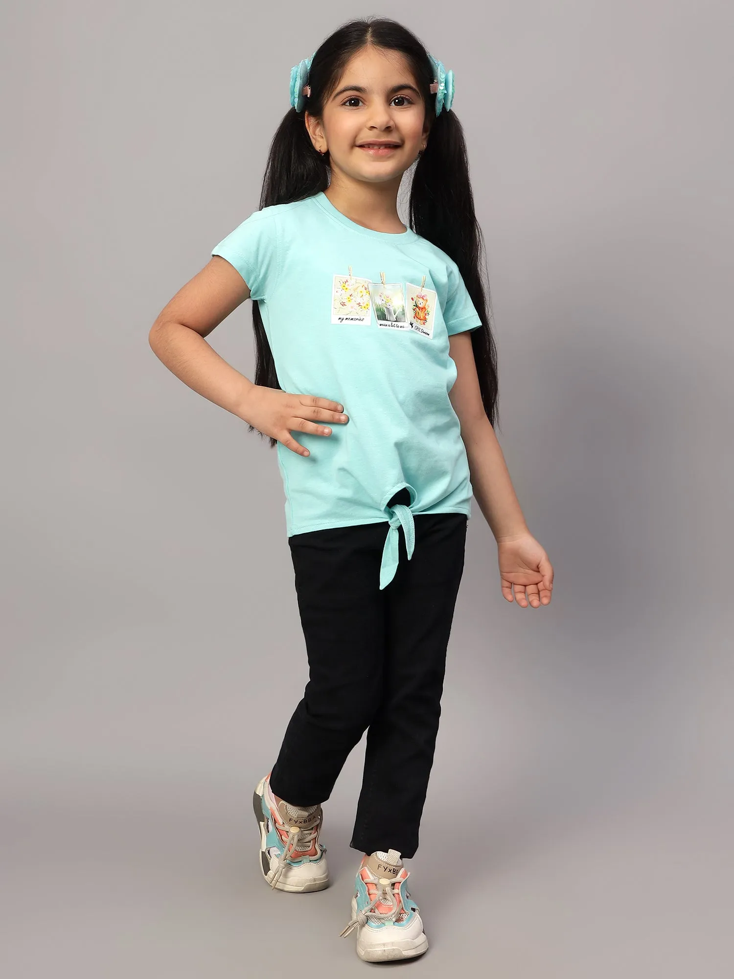 Girls Casual Aqua Half Sleeves  T-Shirt