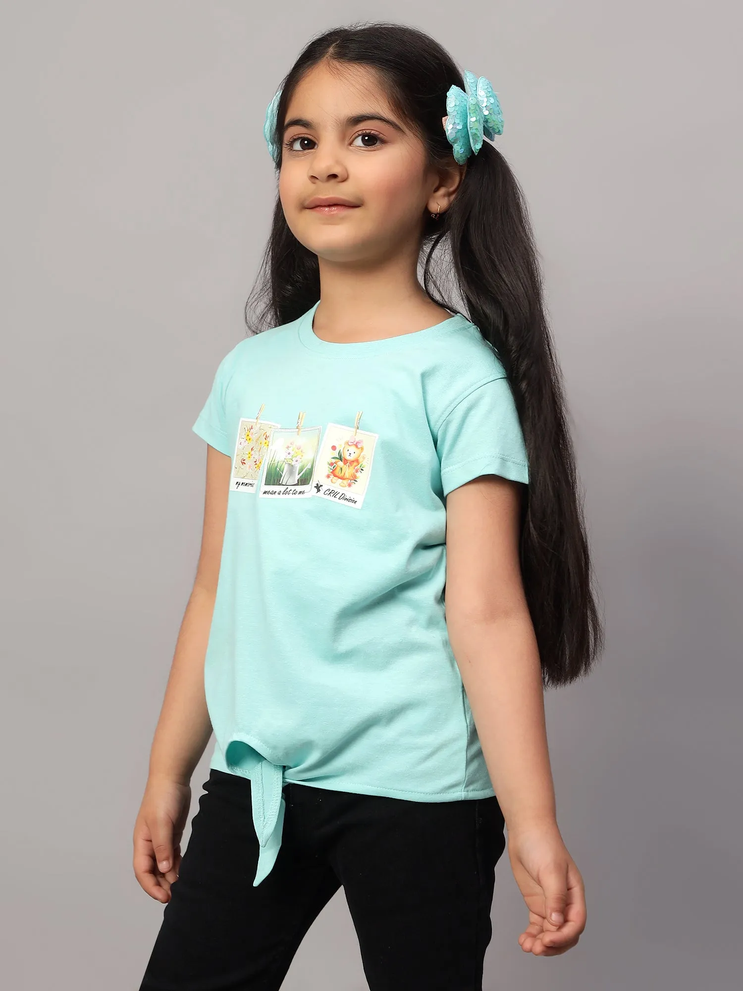 Girls Casual Aqua Half Sleeves  T-Shirt