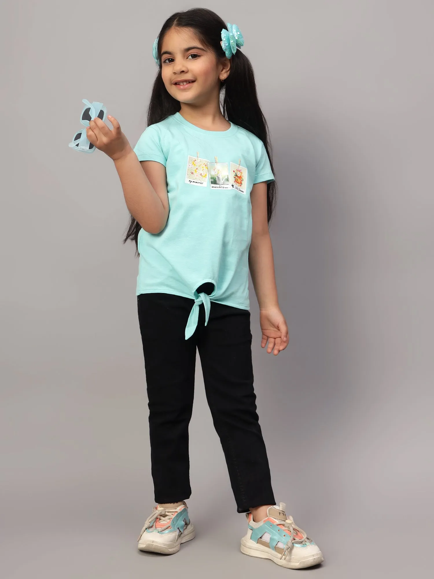 Girls Casual Aqua Half Sleeves  T-Shirt