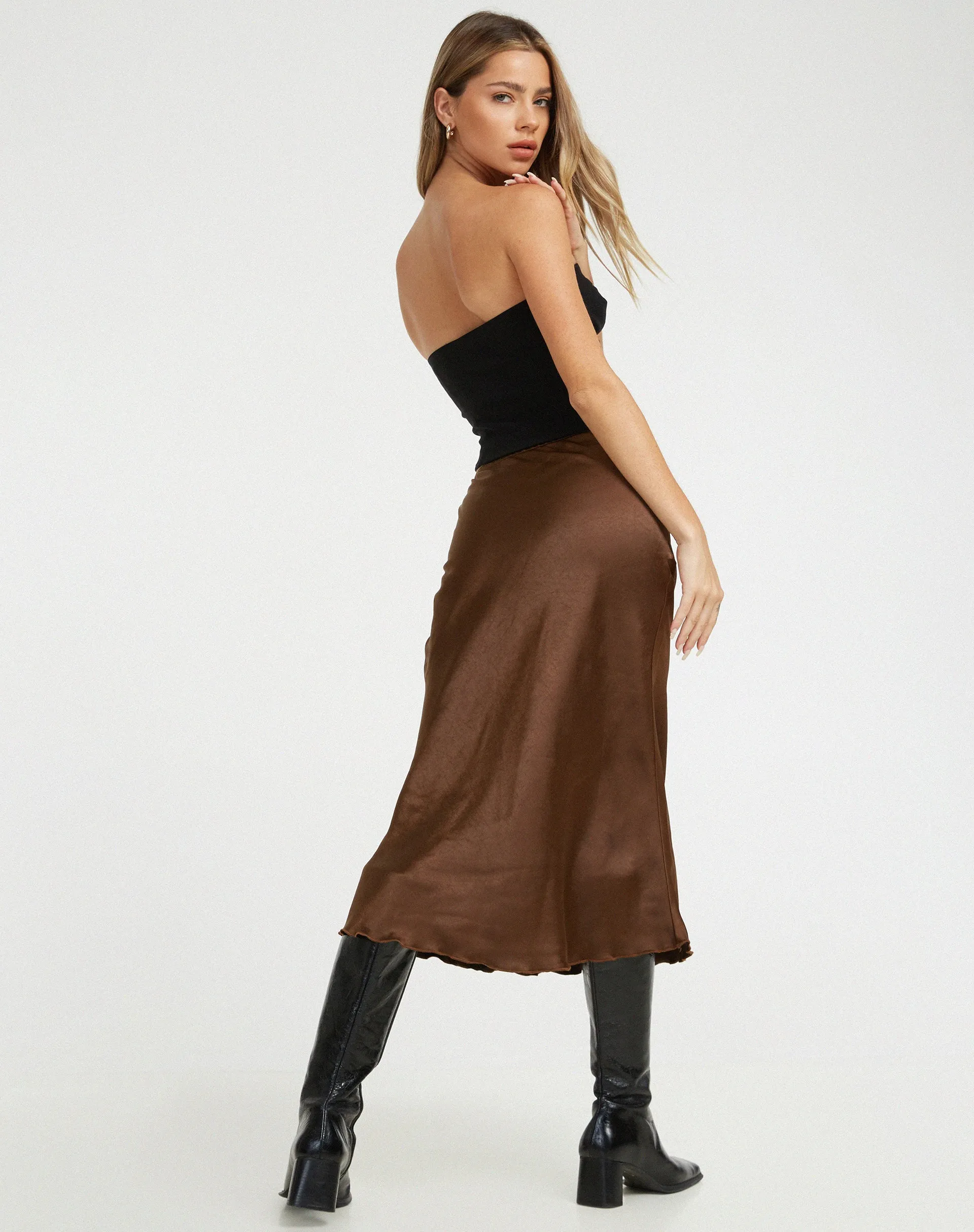 Goya Midi Skirt in Satin Bitter Chocolate