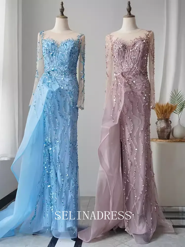 High Quality Mermaid Sky Blue Prom Dress Long Sleeve Beaded Dubai Evening Formal Gown EWR108