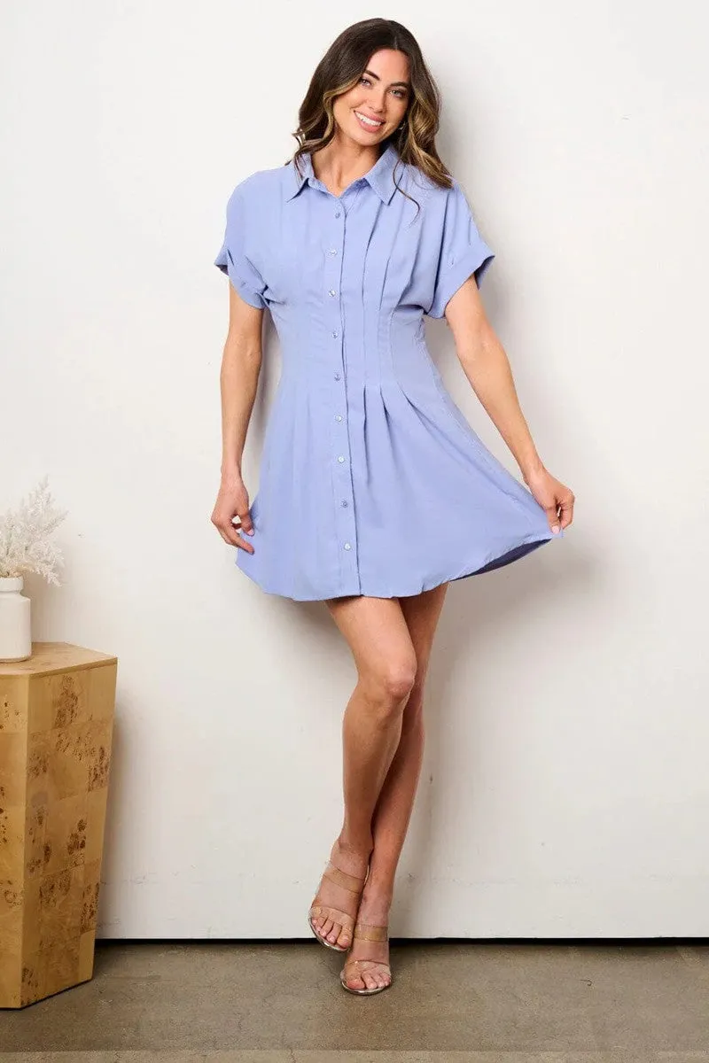 Ice Blue Button Down Solid Mini Dress With Pleats