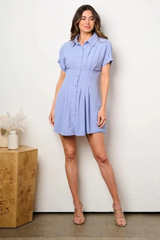 Ice Blue Button Down Solid Mini Dress With Pleats