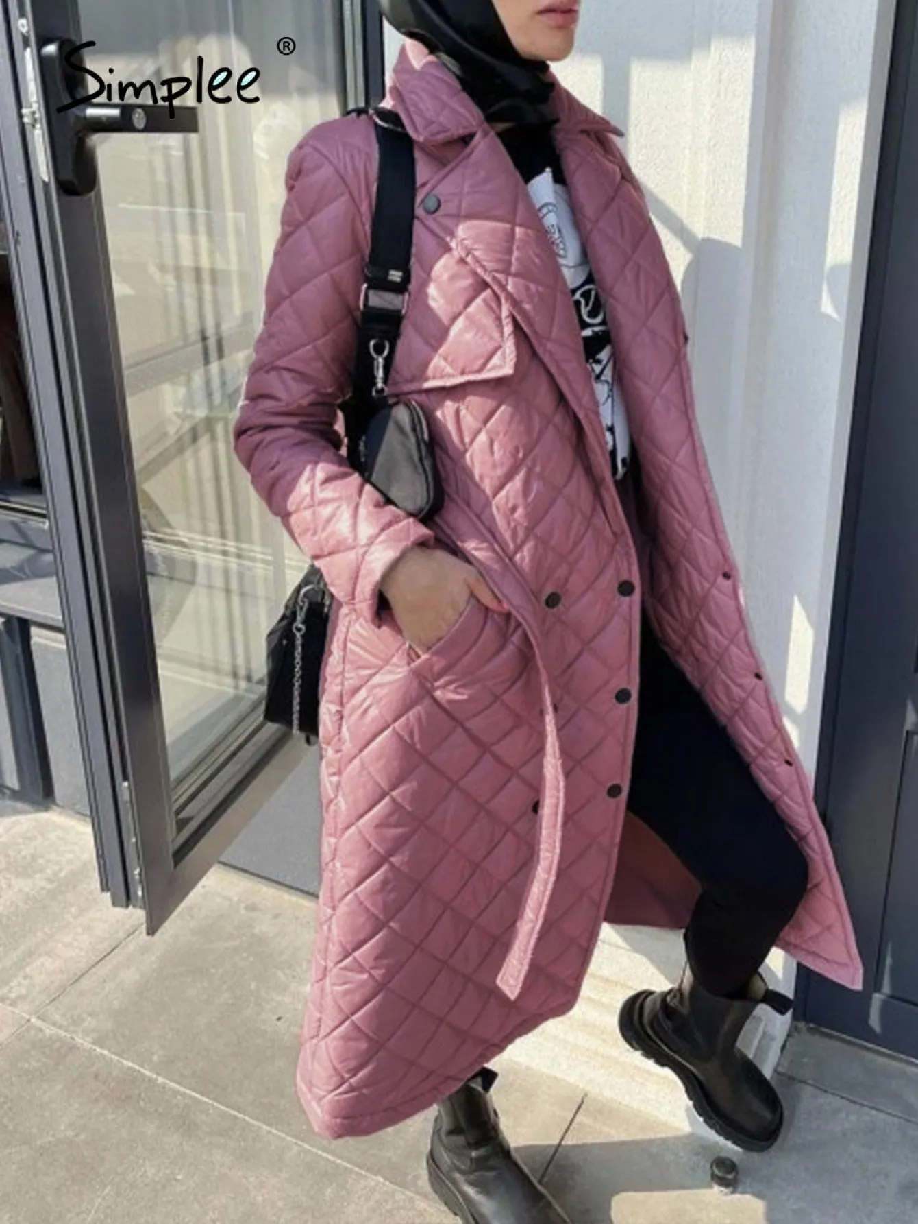 Joskaa Office lady lace up double-breasted long parka women Winter lapel elegant jacket coat 2024 Straight female quilted coats