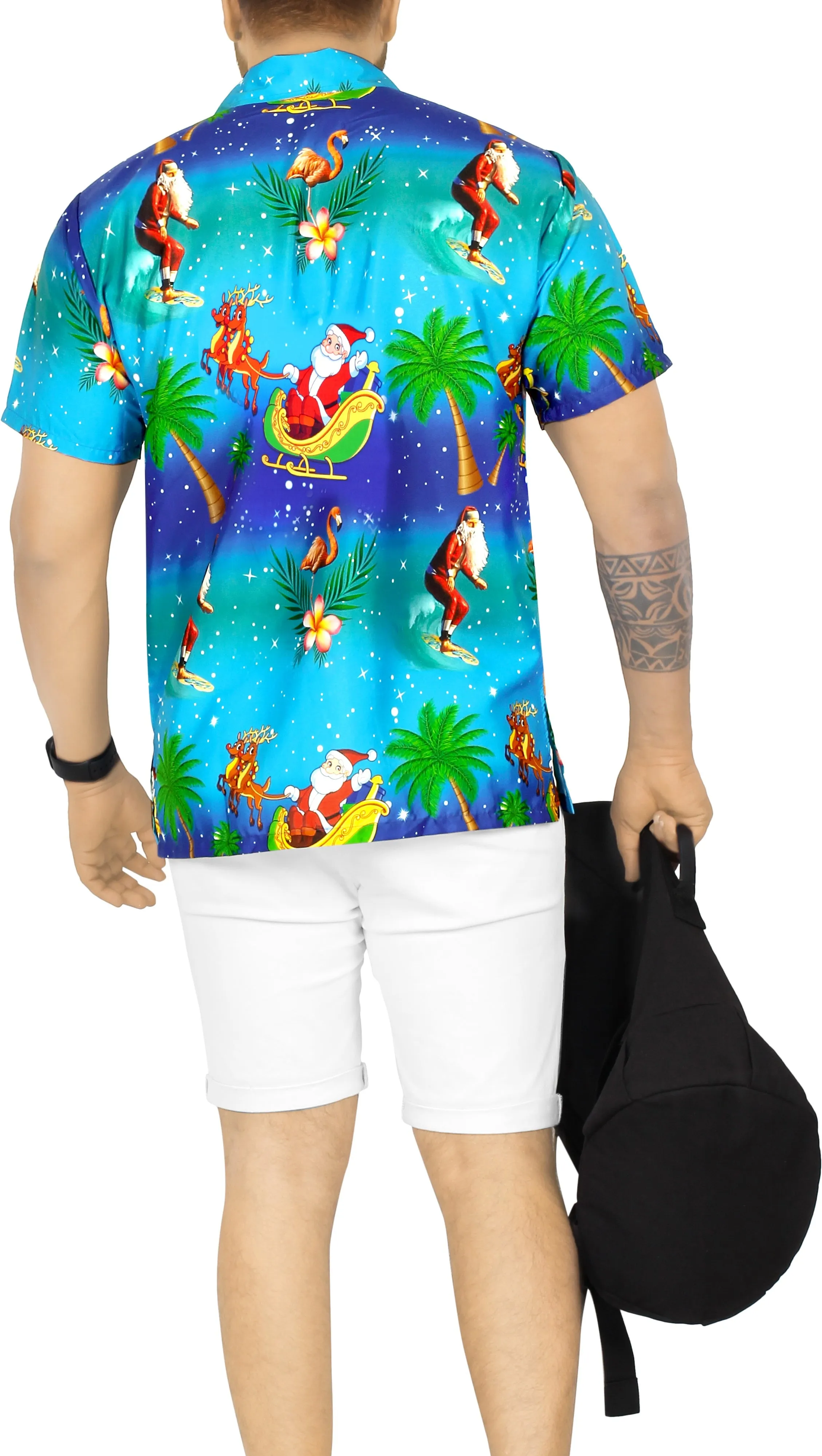 LA LEELA Men's Casual Beach hawaiian Shirt Aloha Christmas Santa front Pocket Short sleeve Blue_W580