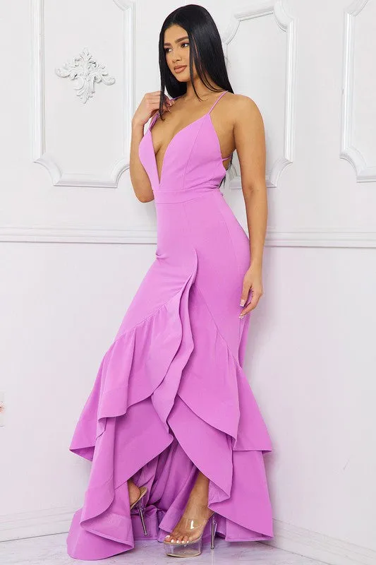 Lavender Layer Ruffle Train Detailed Maxi Dress