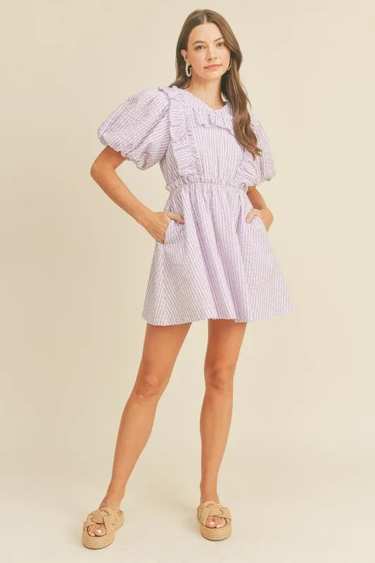 Lavender Striped Mini Dress With Ruffle Detail