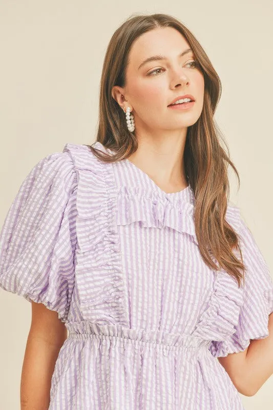 Lavender Striped Mini Dress With Ruffle Detail