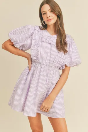 Lavender Striped Mini Dress With Ruffle Detail