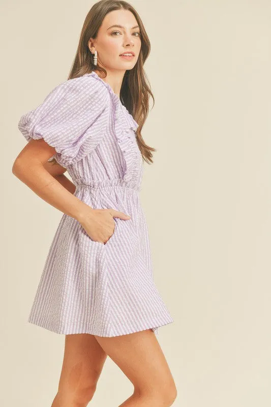 Lavender Striped Mini Dress With Ruffle Detail