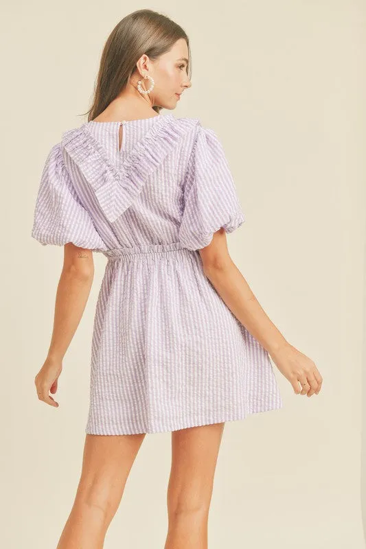 Lavender Striped Mini Dress With Ruffle Detail