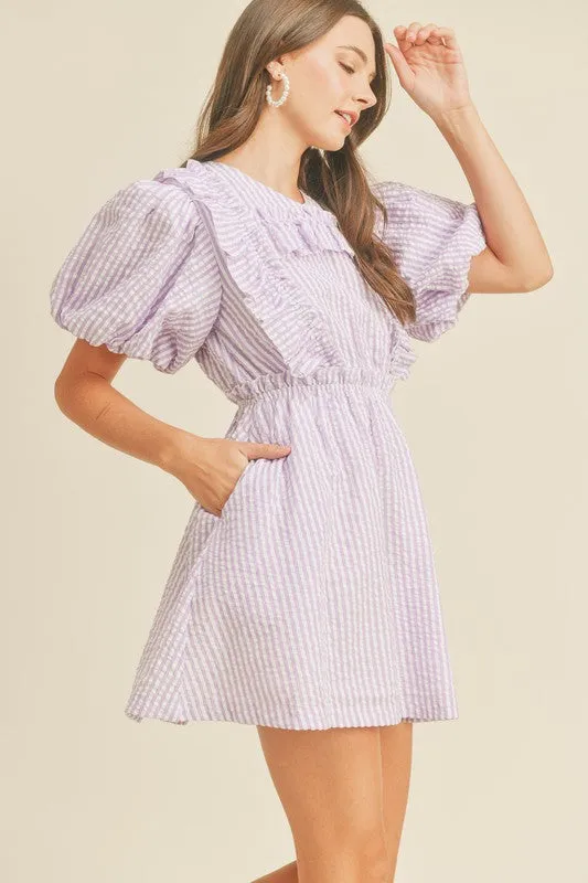 Lavender Striped Mini Dress With Ruffle Detail